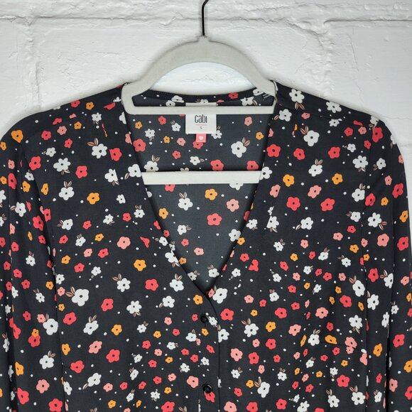 Cabi Women's Small Cheerful Blouse Black Pink Flowers #3957 - Picture 3 of 6